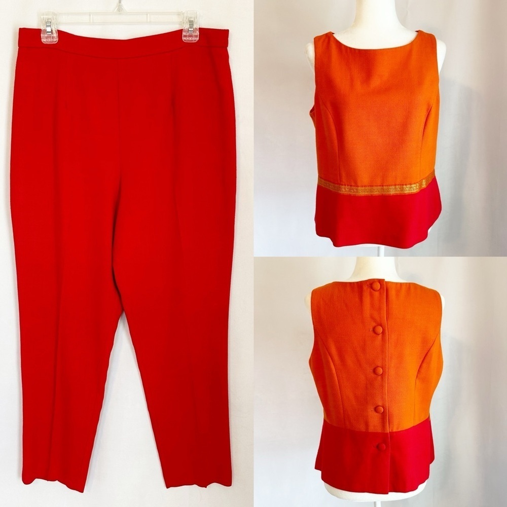 VTG Jessica Howard 2 Piece Suit Sleeveless Top Trouser Pant Orange Red MOD 12/14